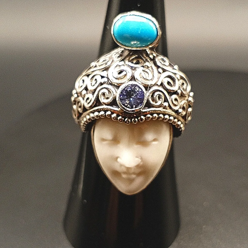 Sterling Silver Carved Bone Sleeping Beauty Turquoise & Tanzanite 1.00 ctw